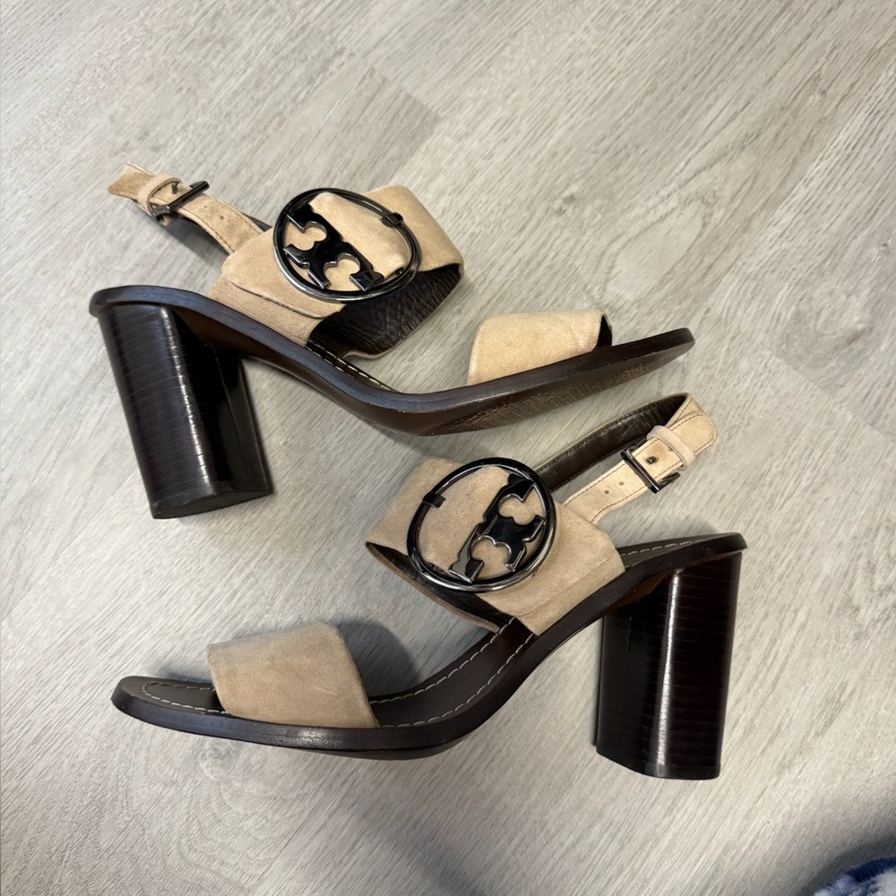 Tory Burch Beige and Black Block Heel Sandals